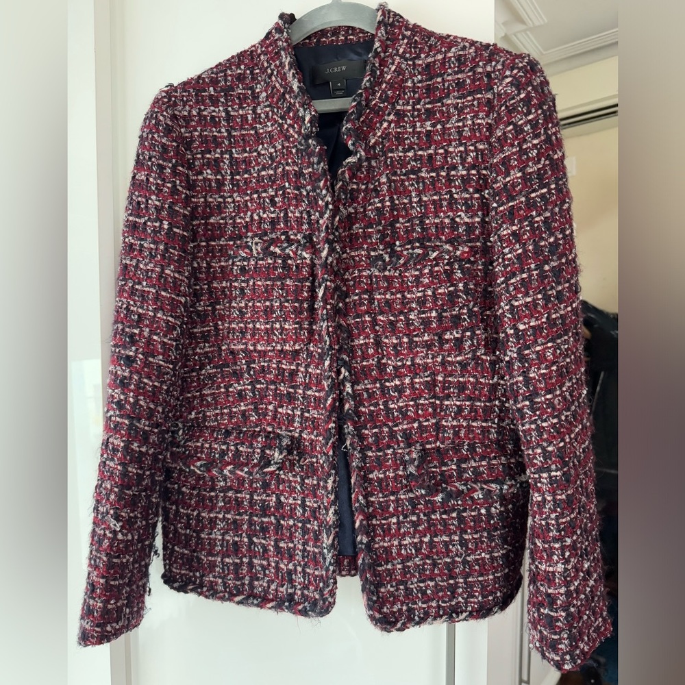 J. Crew Burgundy Tweed Fringe Collarless Blazer